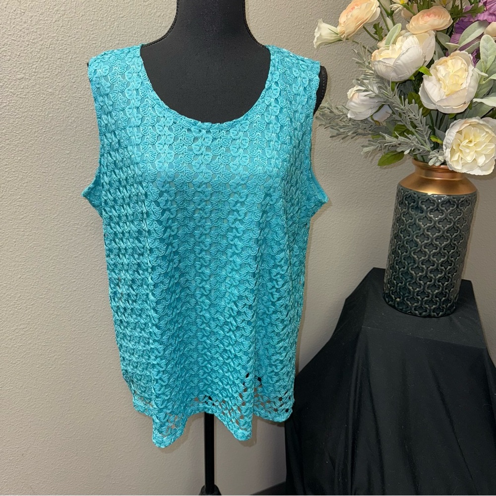Allison Daley Turquoise Crochet Lace Sleeveless Tank Boho Summer